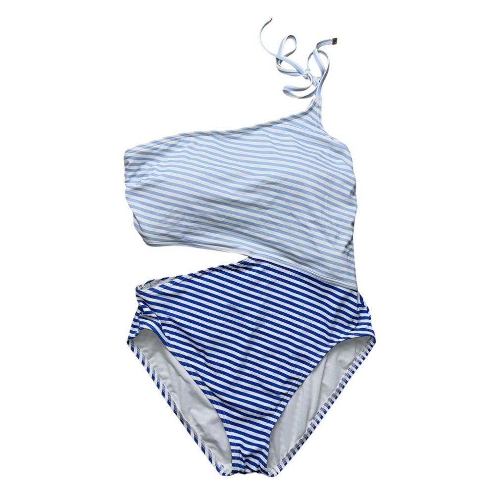 Kate Spade‎ One Shoulder One Piece Swimsuit Medium Blue Ringmaster Stripe Cutout